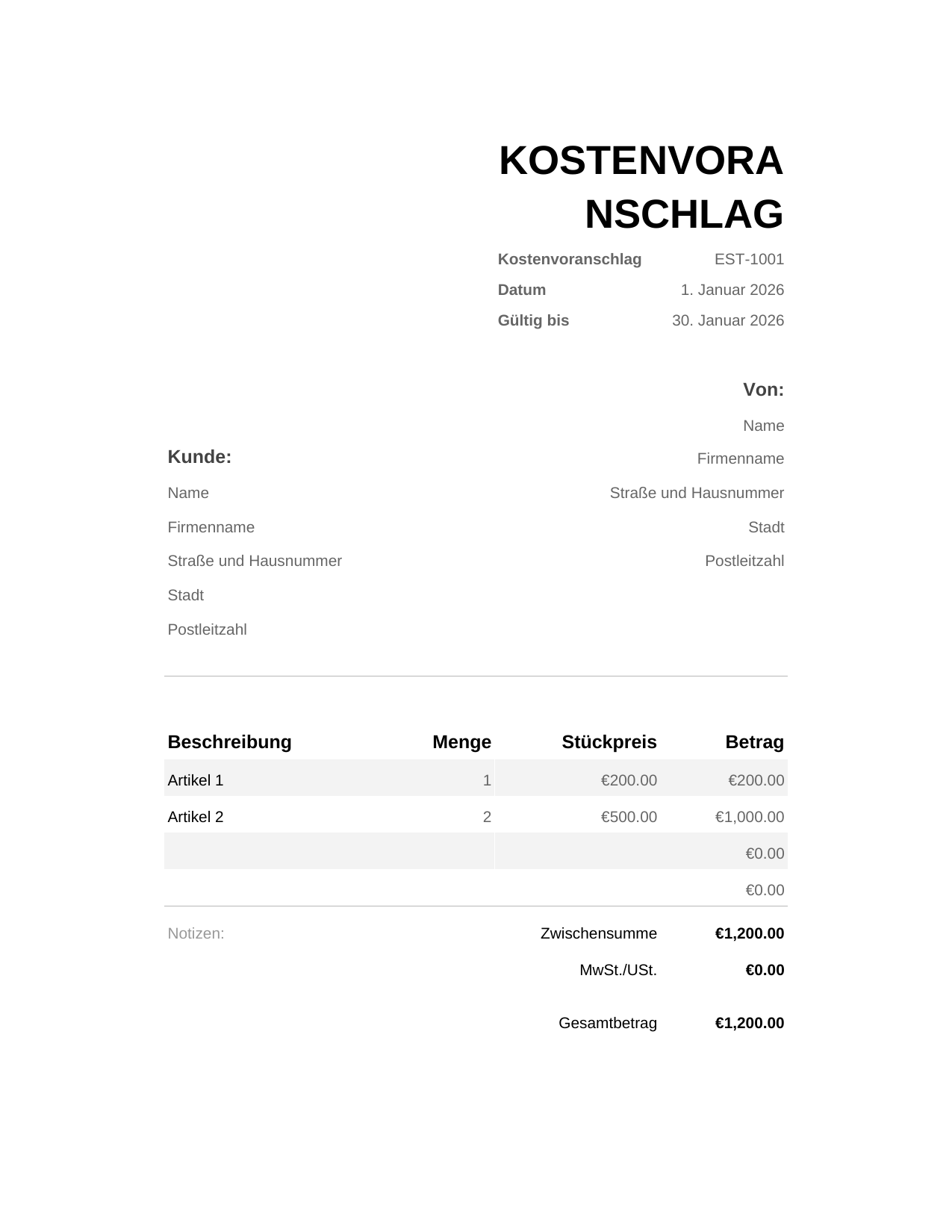 Kostenvoranschlag Kostenvoranschlag