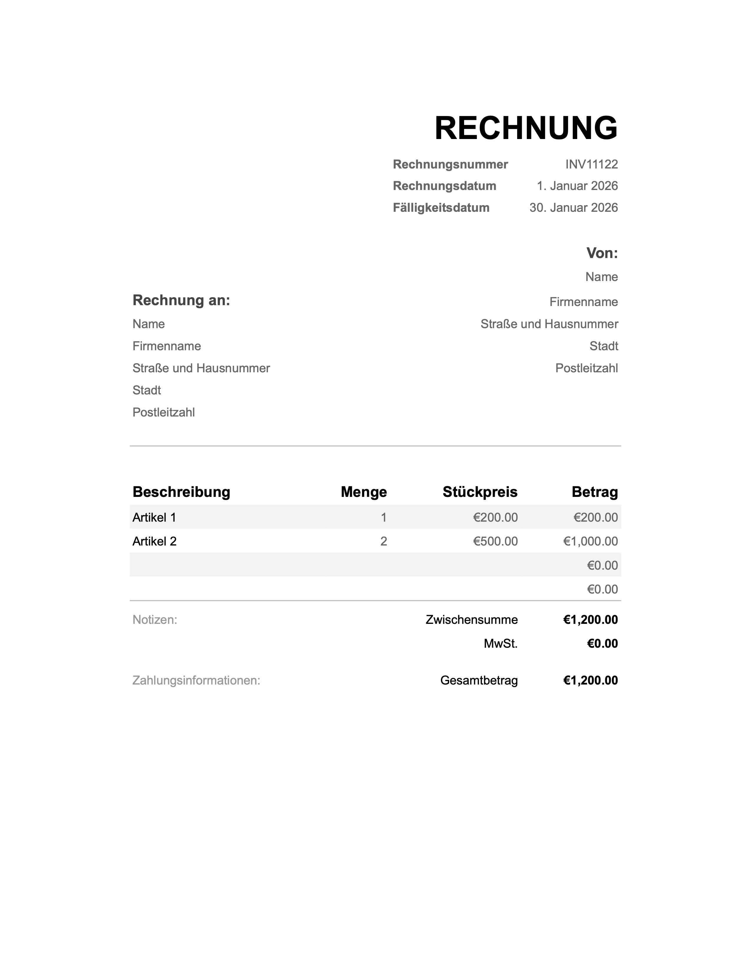 Vorschau der Austria Rechnungsvorlage