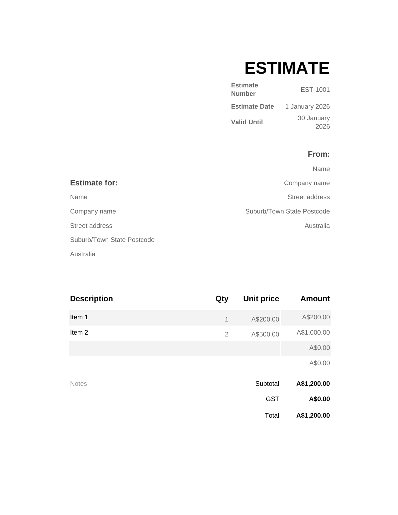 Estimate template preview