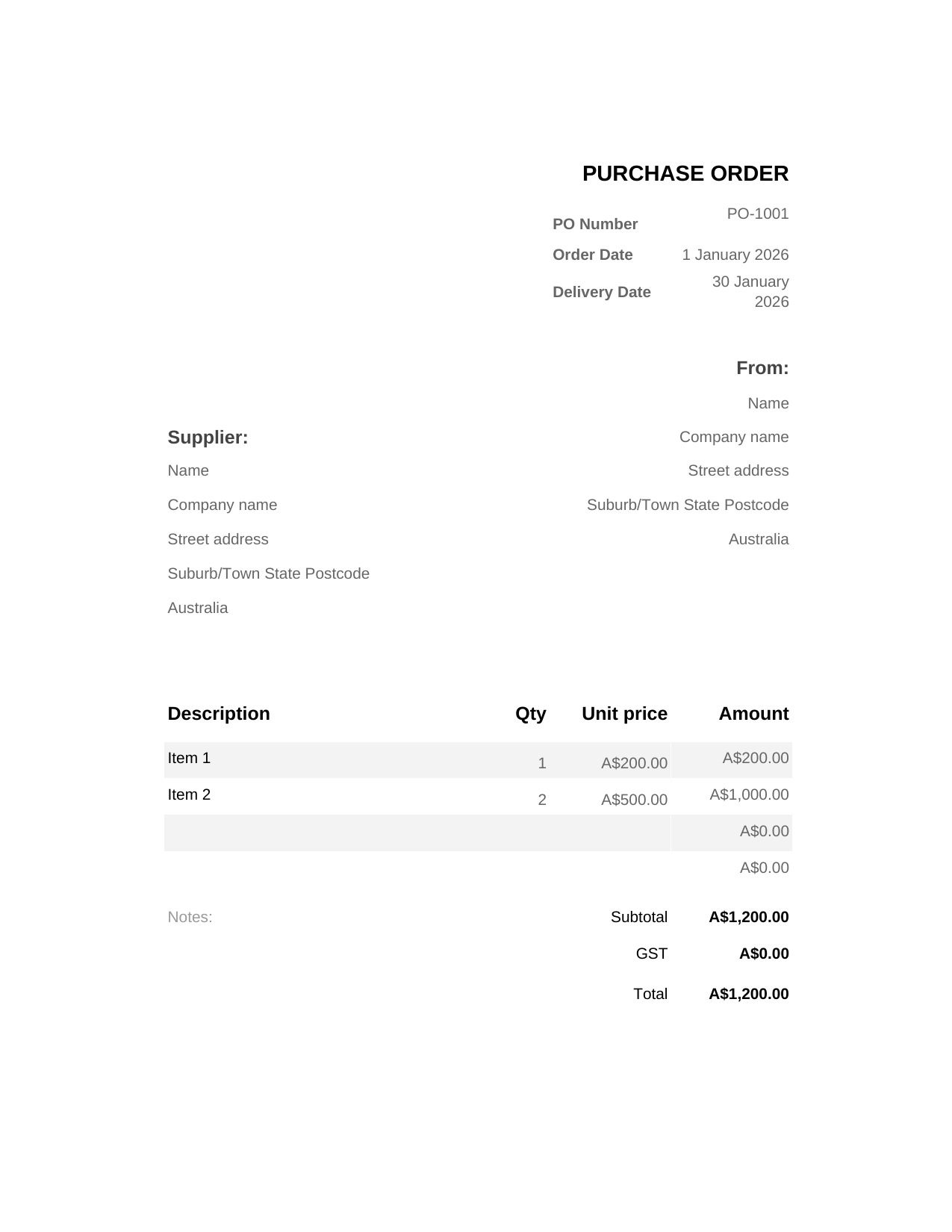 Purchase Order template preview
