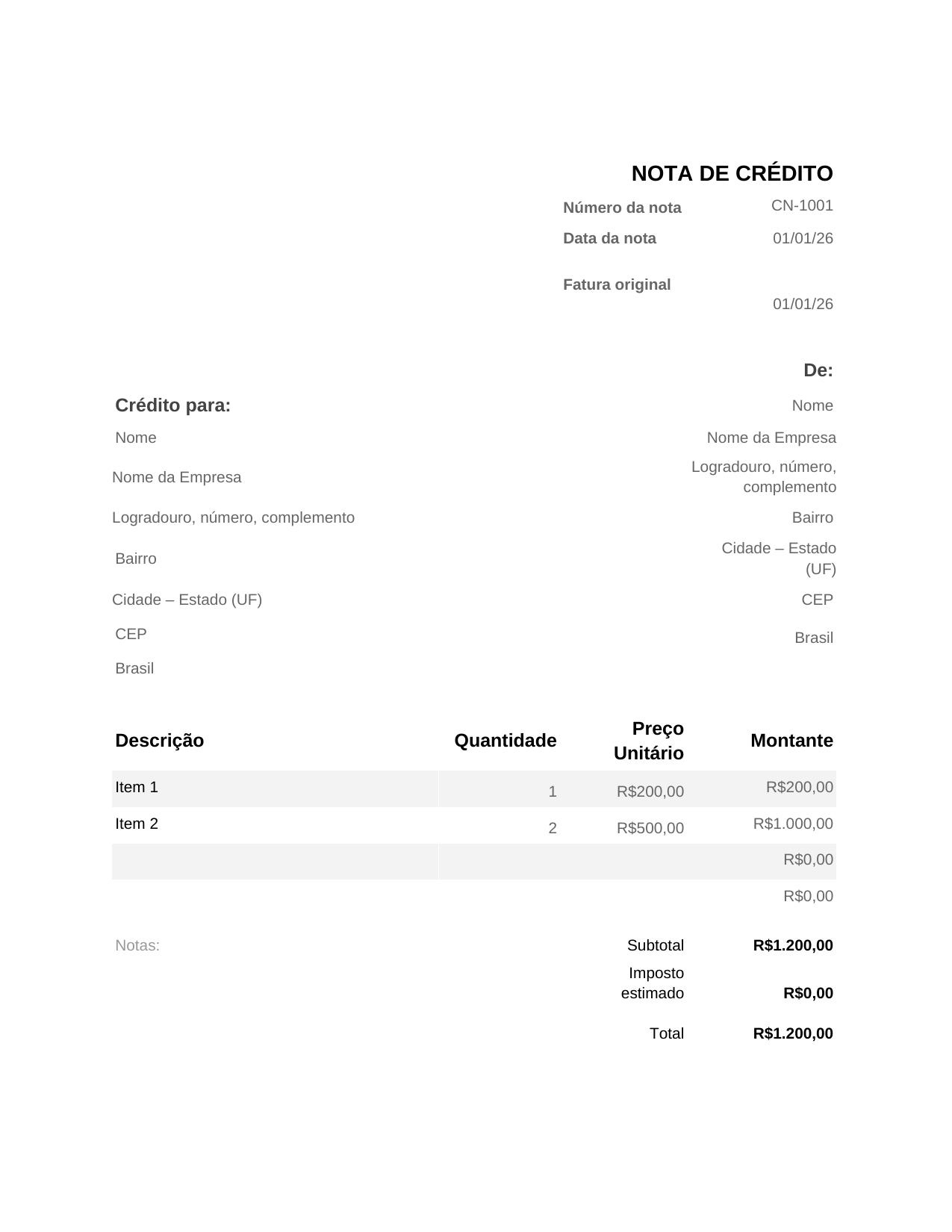 Nota de crédito Nota de crédito
