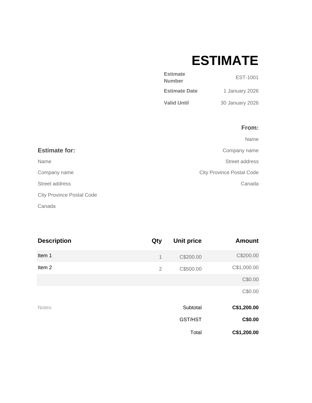 Estimate template preview