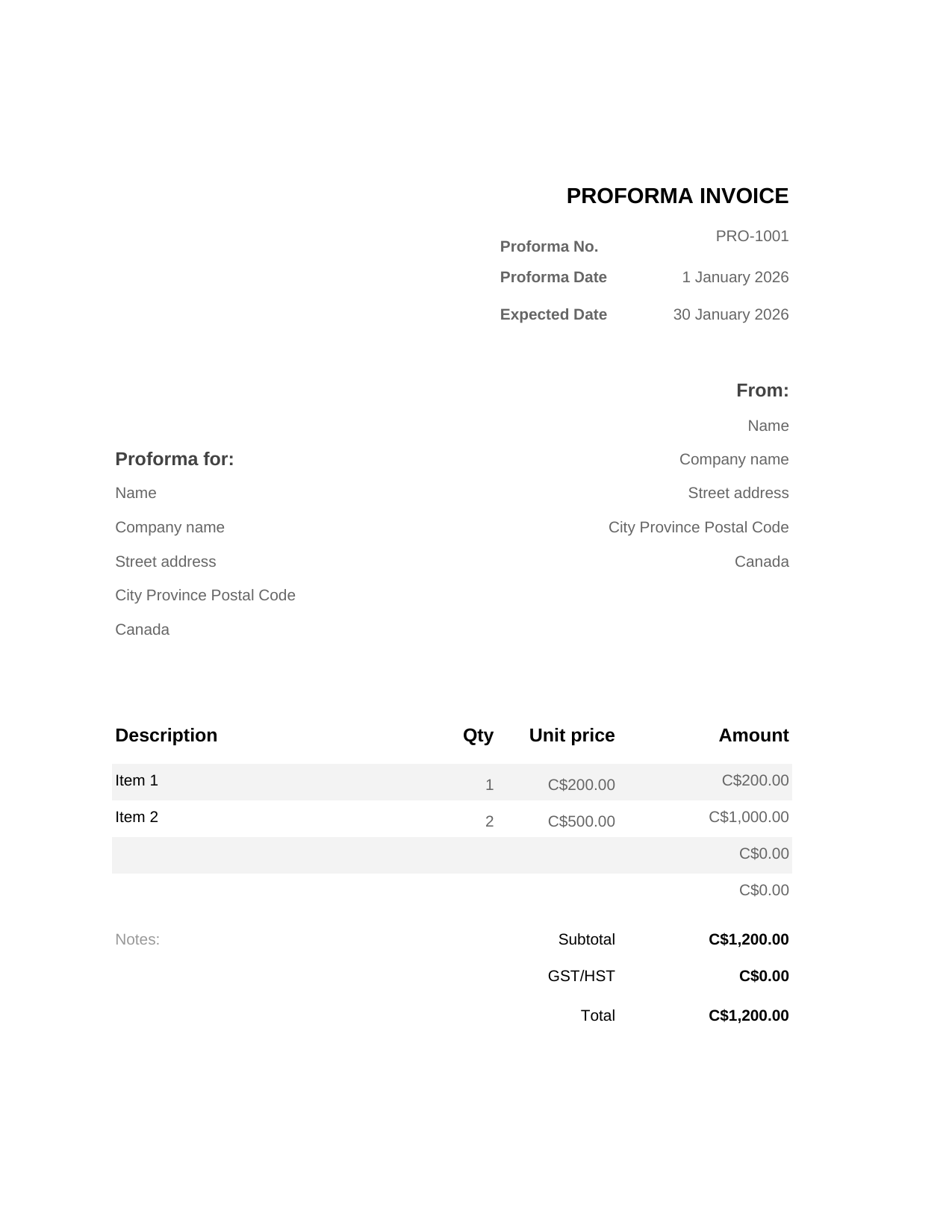 Proforma Invoice template preview