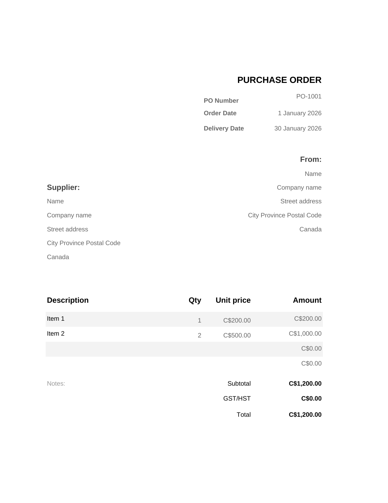 Purchase Order template preview