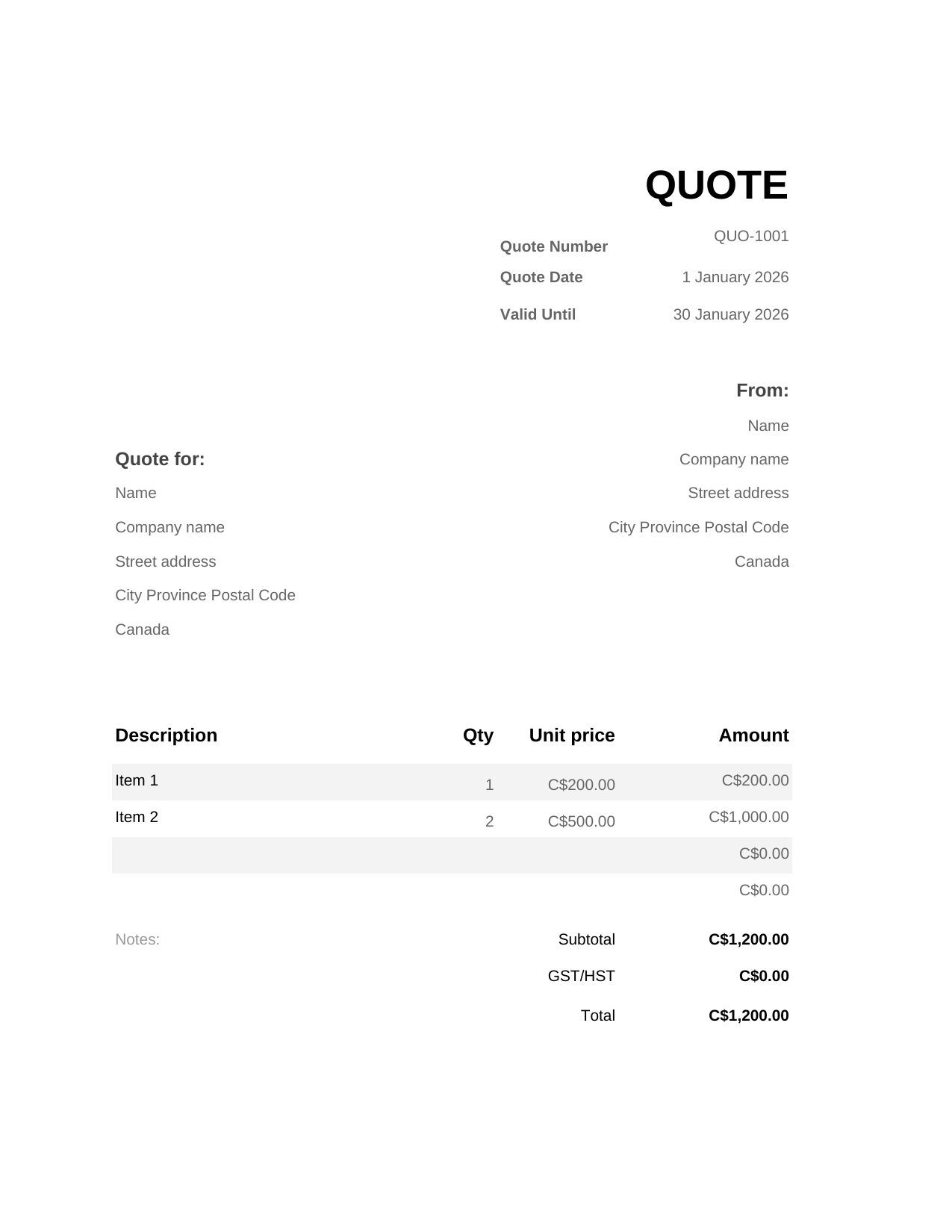 Quote template preview