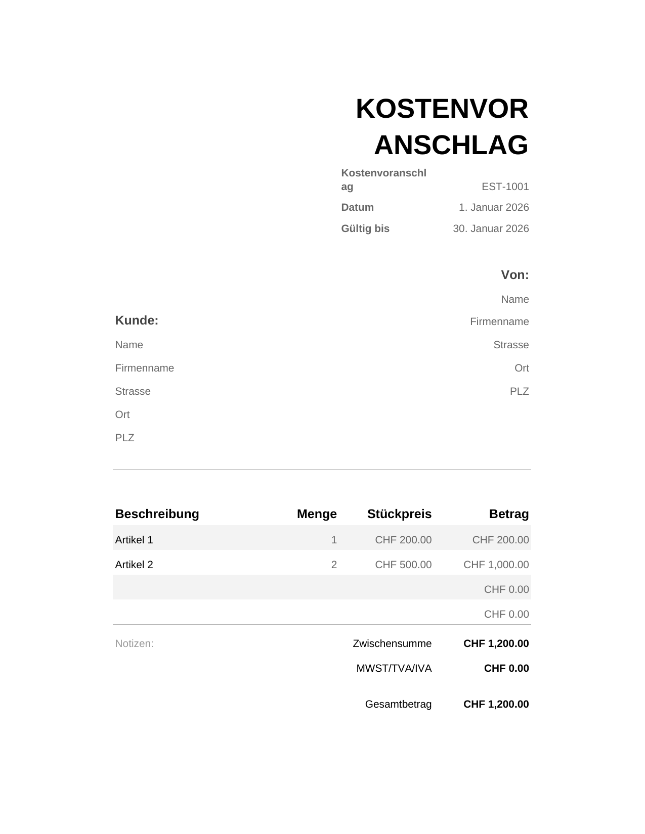 Kostenvoranschlag Kostenvoranschlag