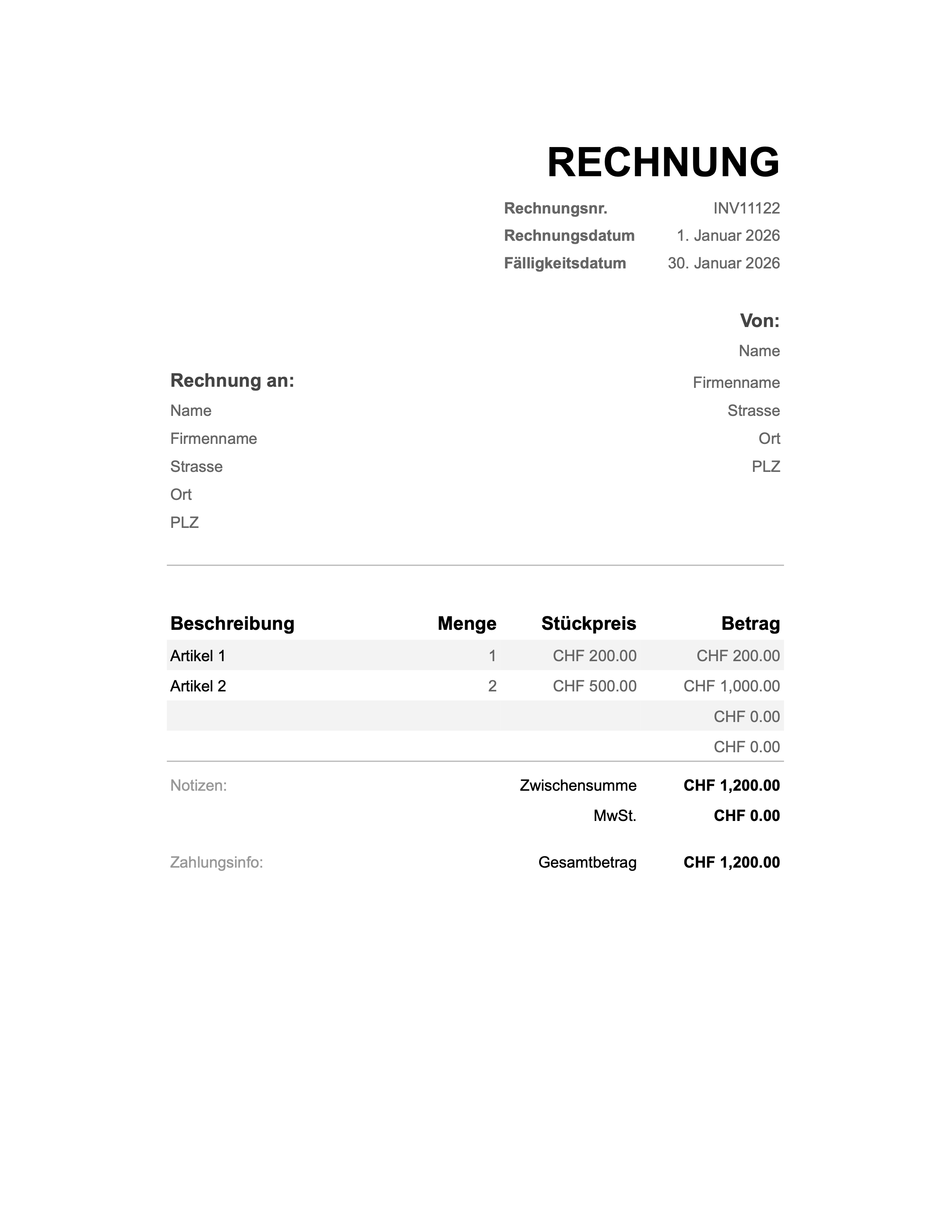 Vorschau der Schweizer Rechnungsvorlage