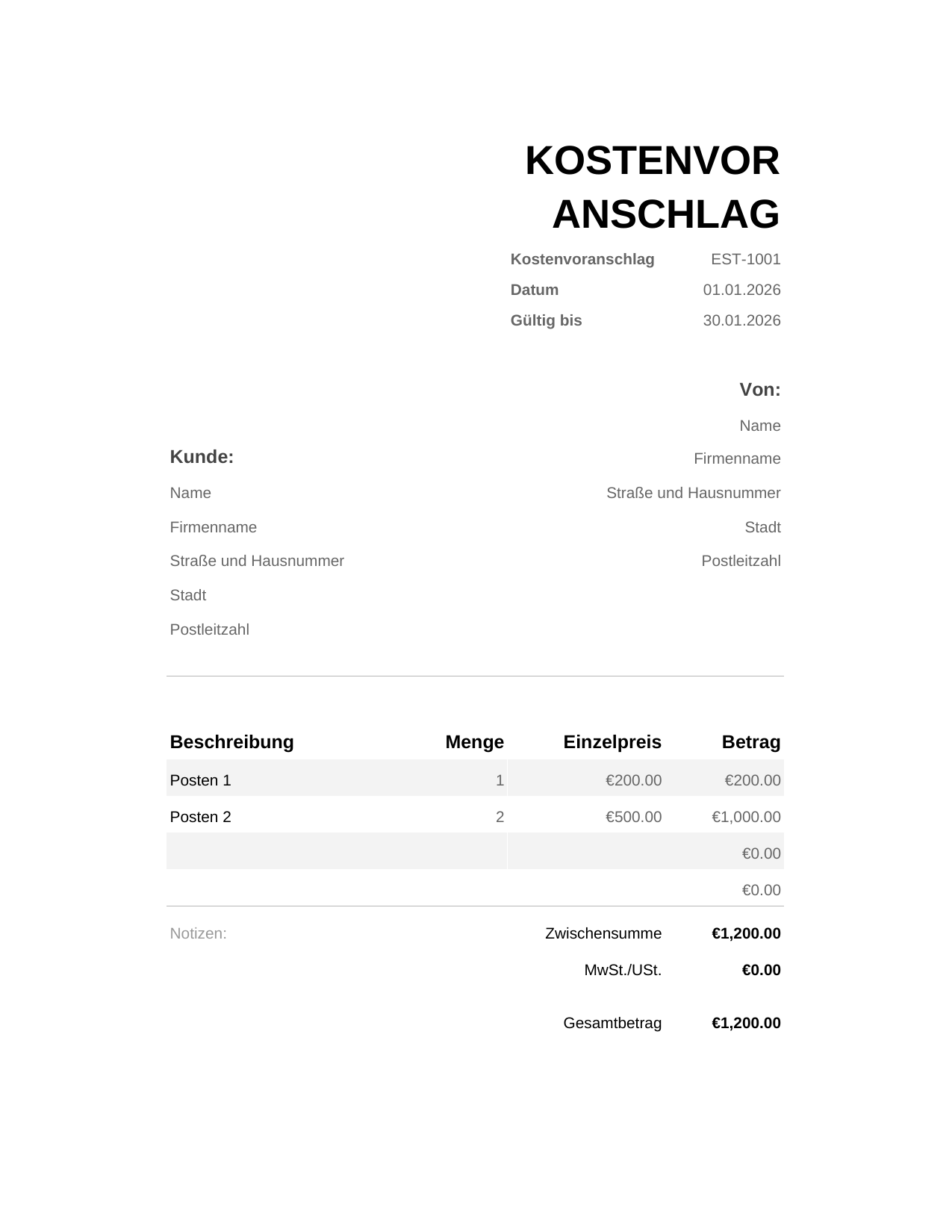 Kostenvoranschlag Kostenvoranschlag