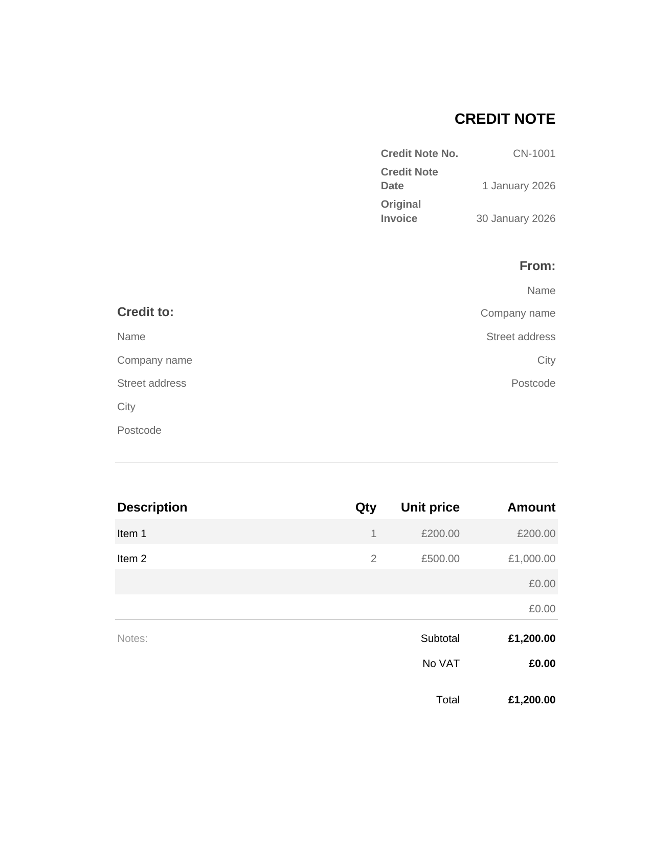 Credit Note template preview