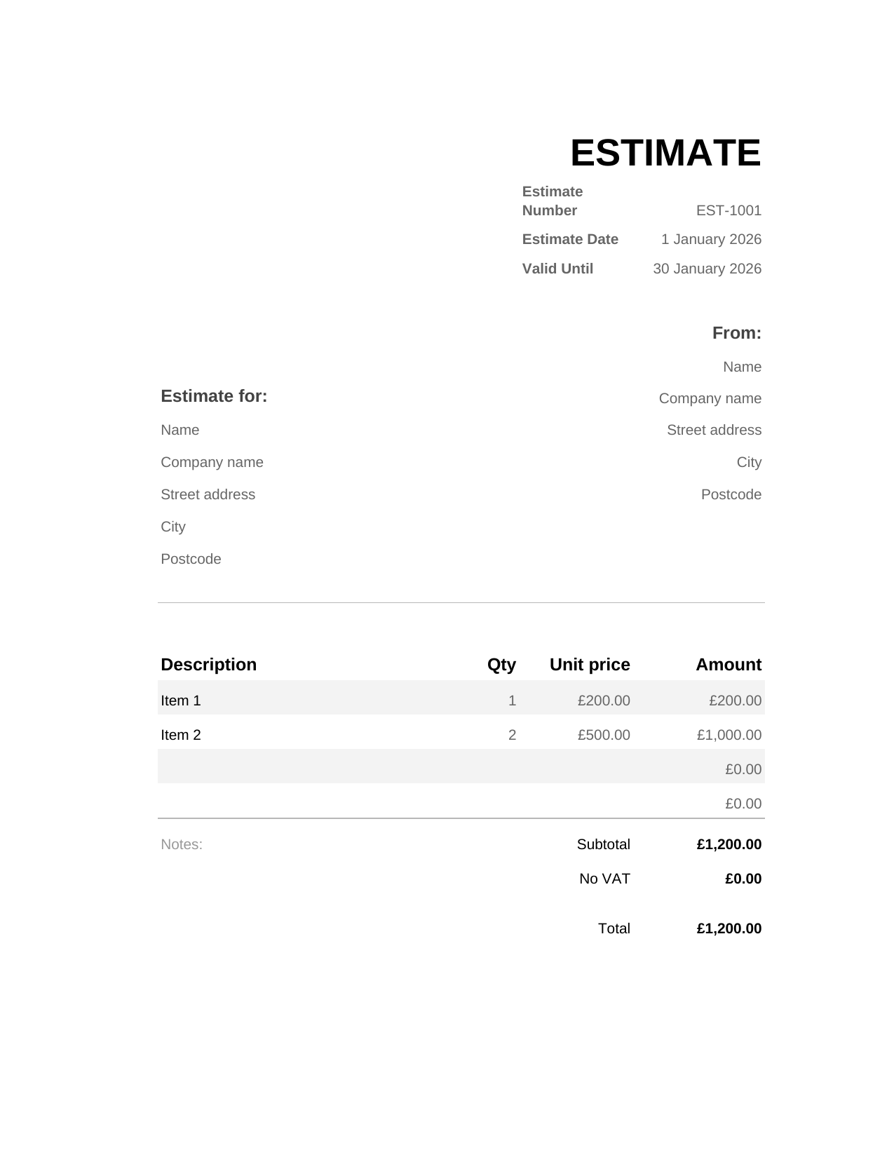 Estimate template preview