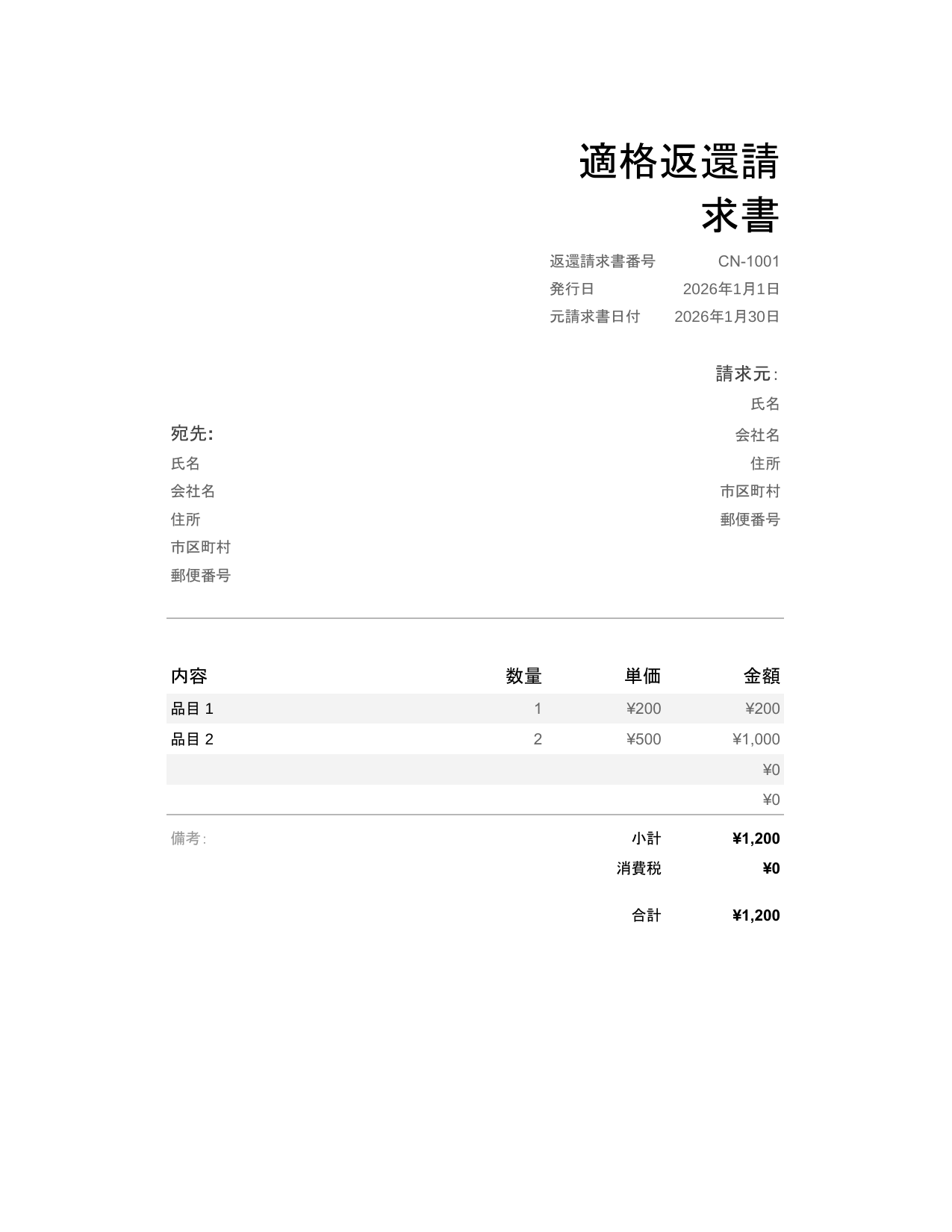 適格返還請求書 適格返還請求書