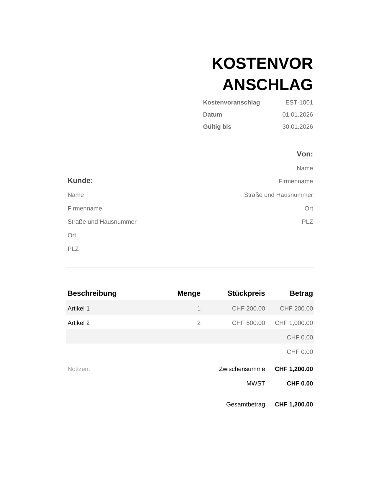 Kostenvoranschlag Kostenvoranschlag