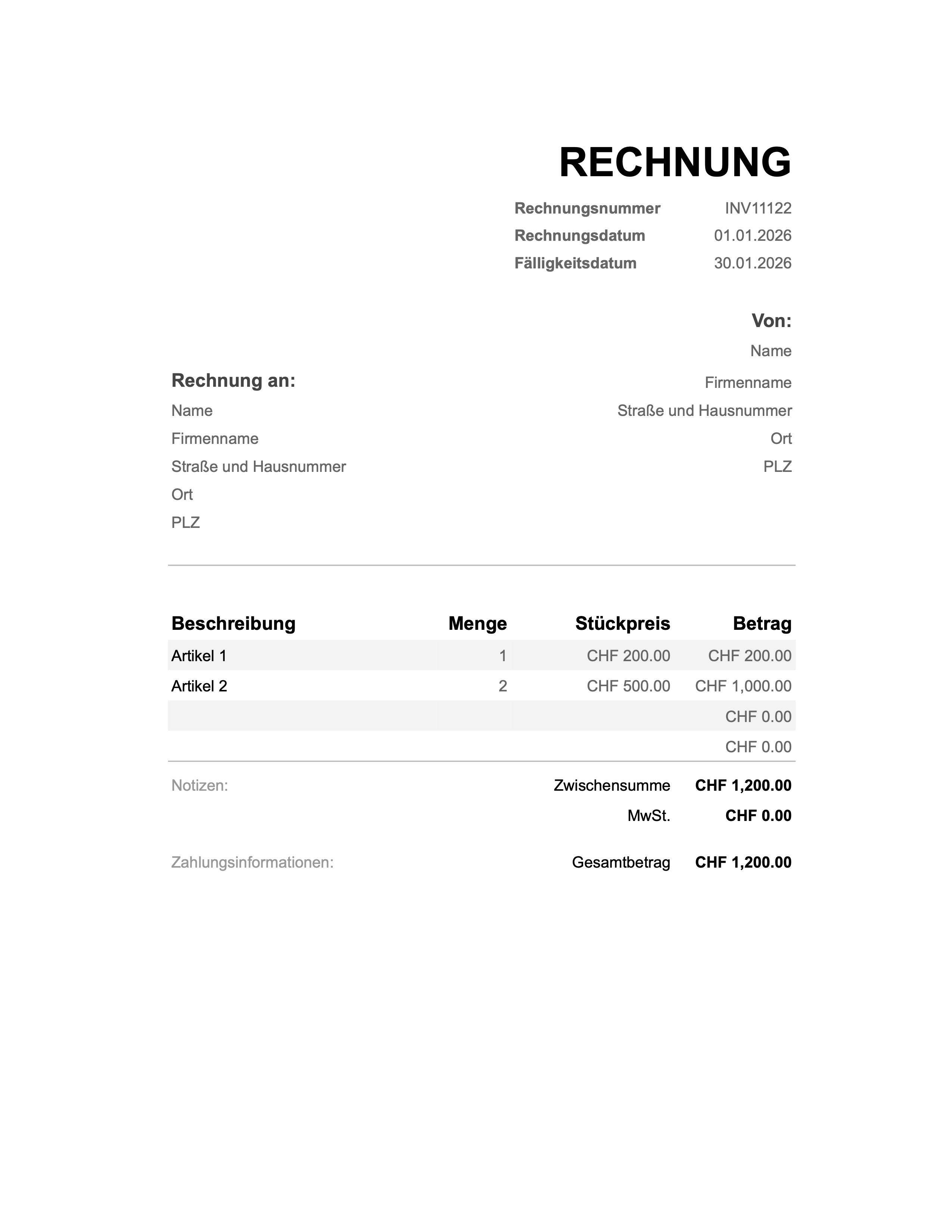 Vorschau der Rechnungsvorlage für Liechtenstein