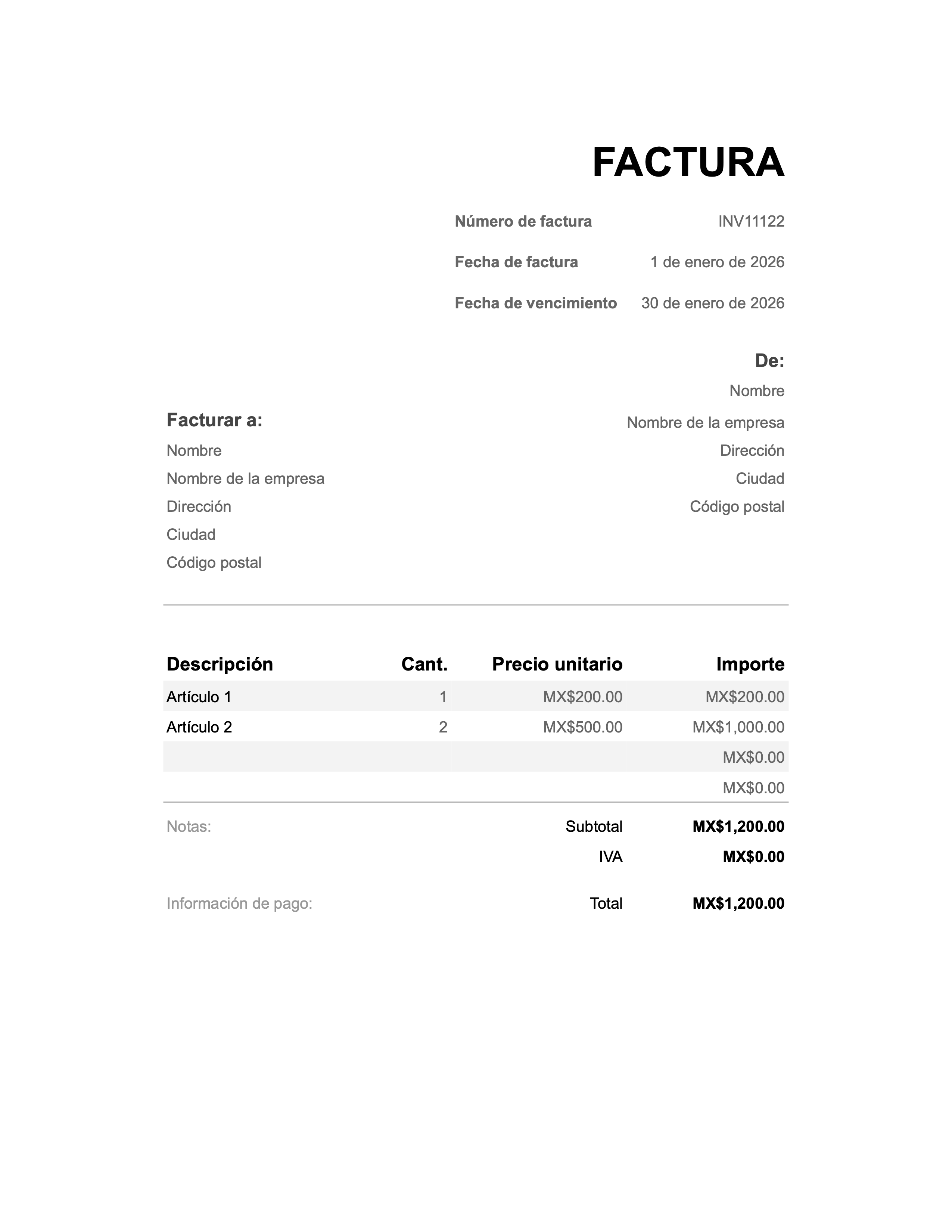 Vista previa de la plantilla de factura para Mexico