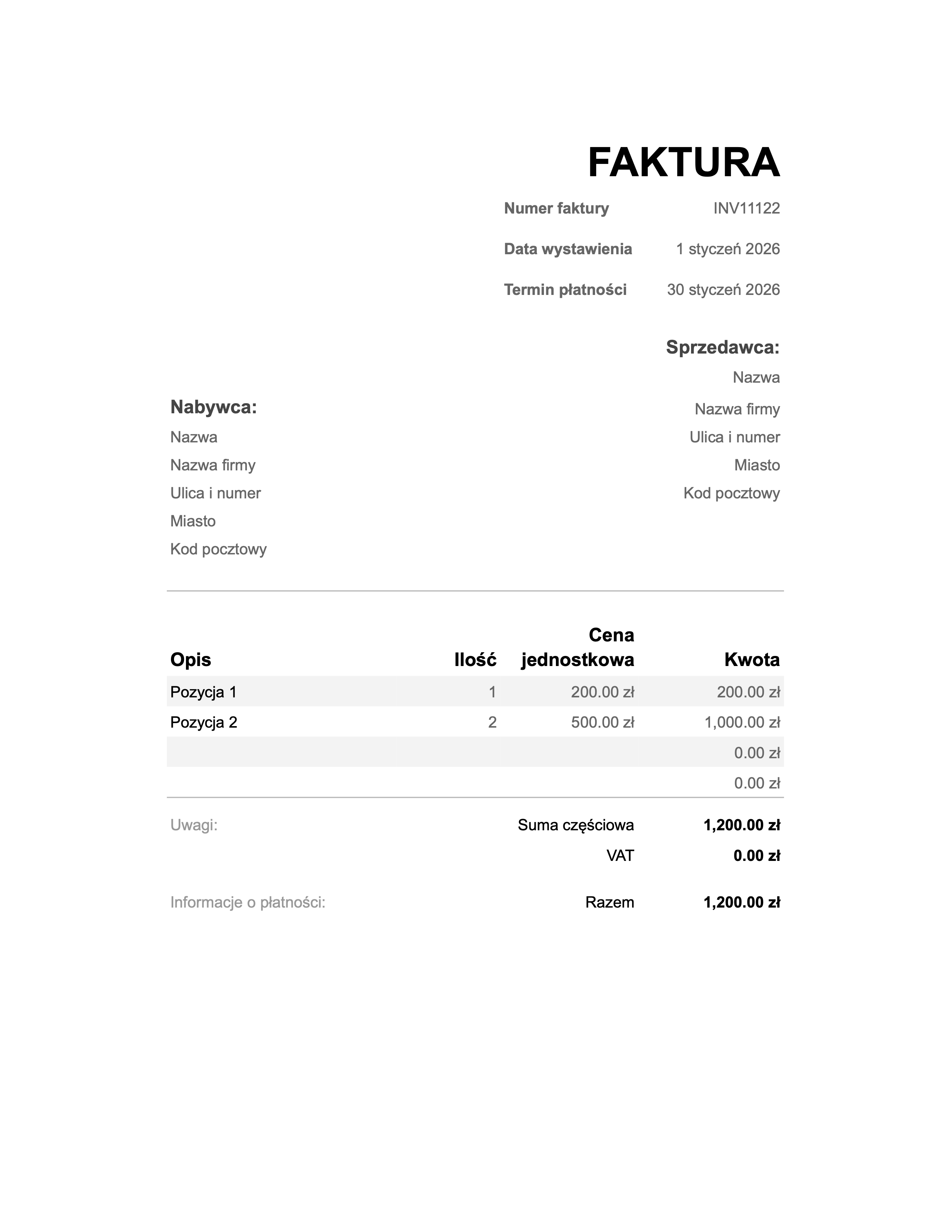 Podgląd szablonu faktury dla Poland
