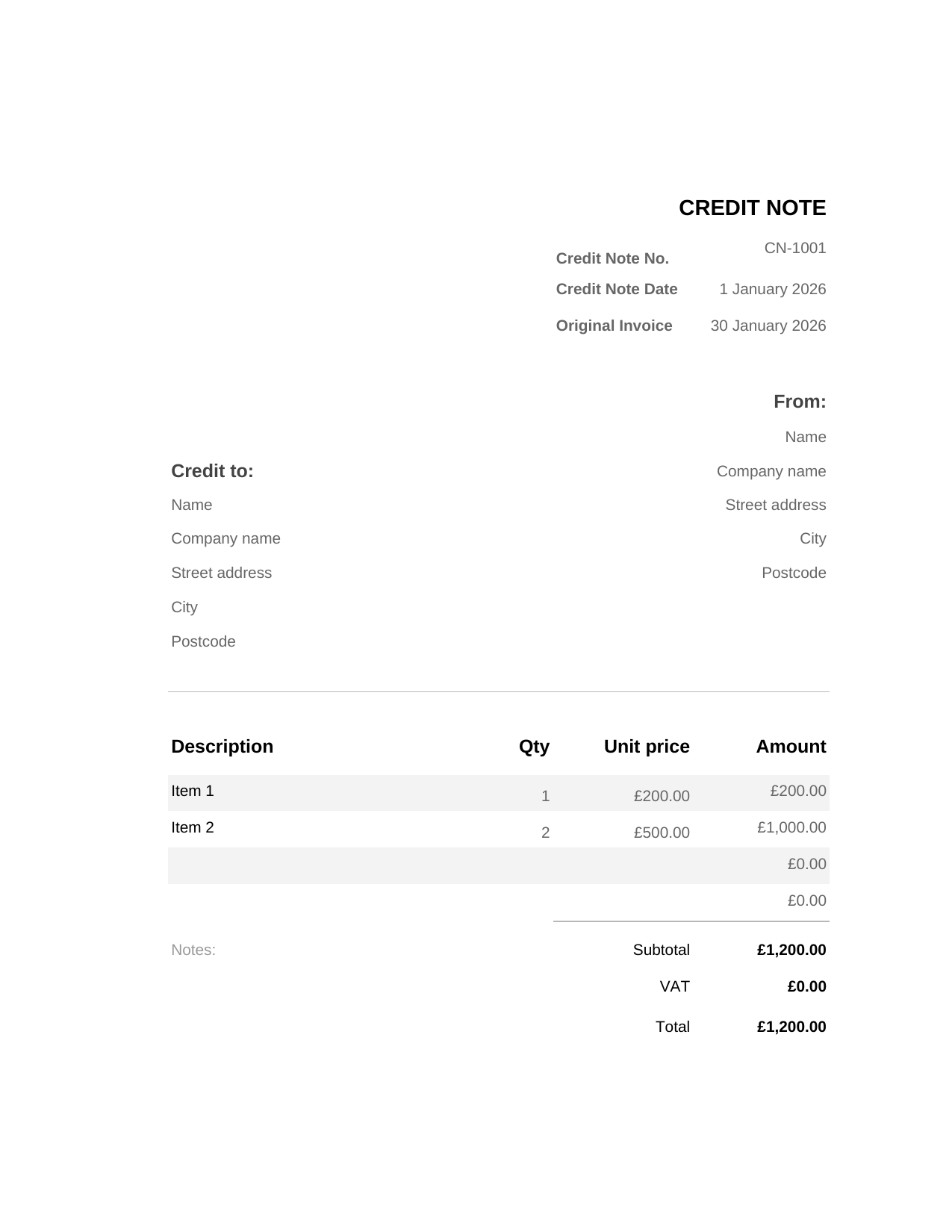 Credit Note template preview