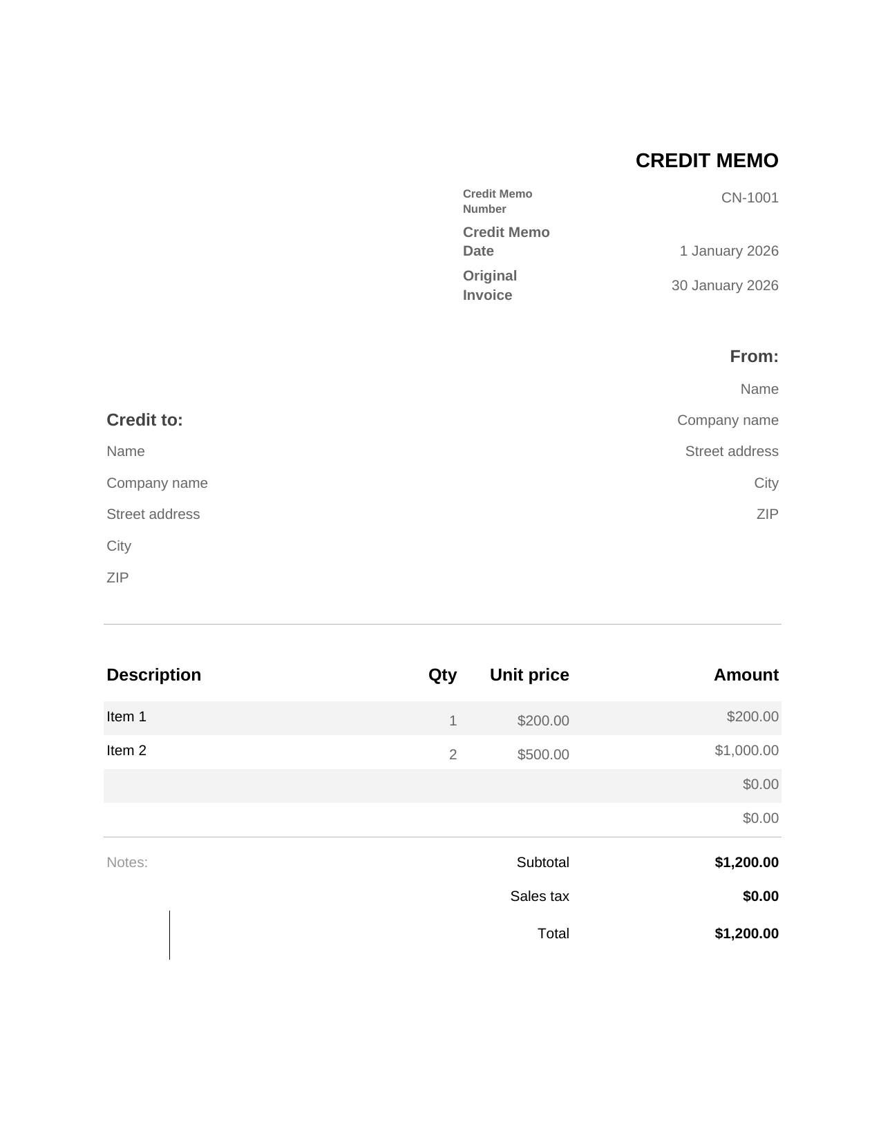 Credit Memo template preview