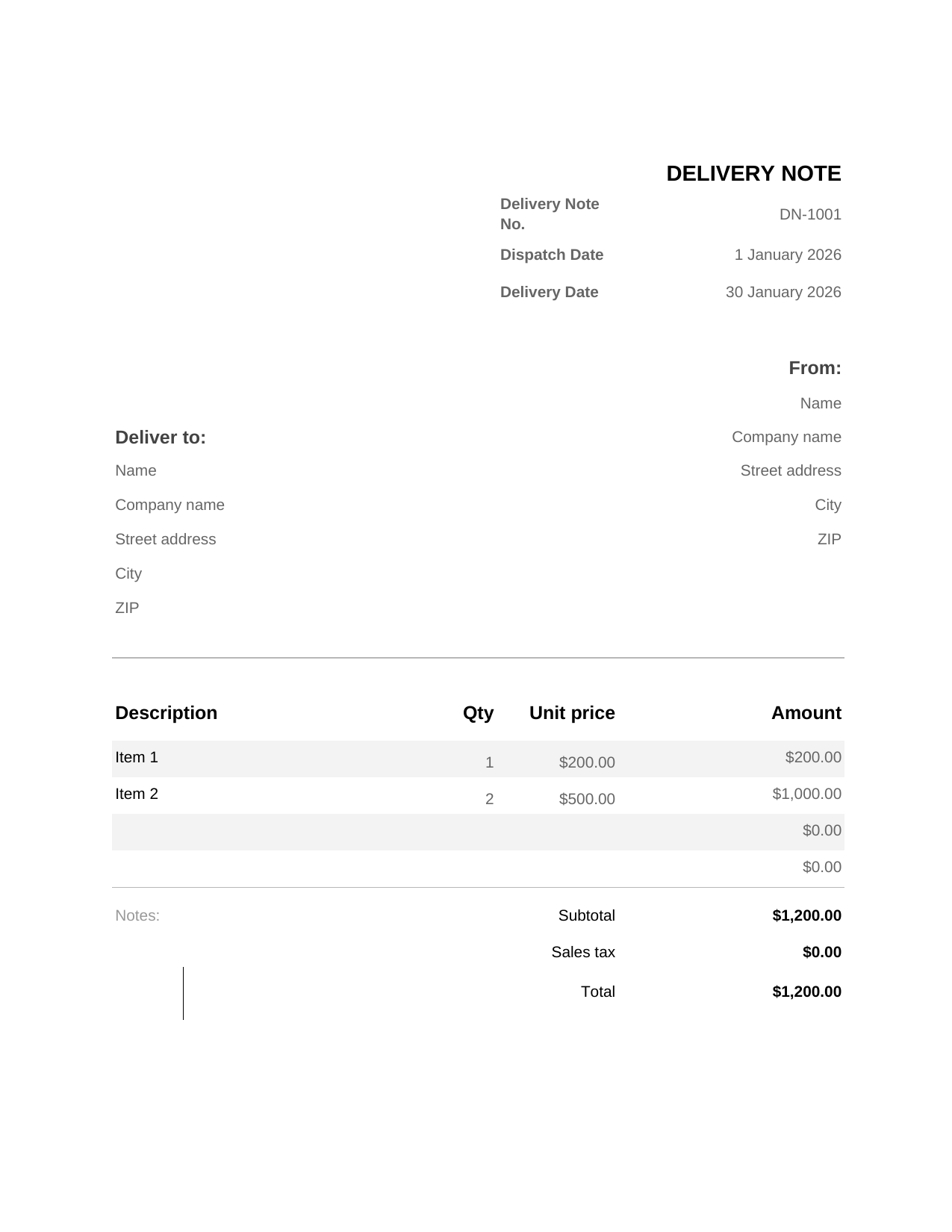 Delivery Note template preview