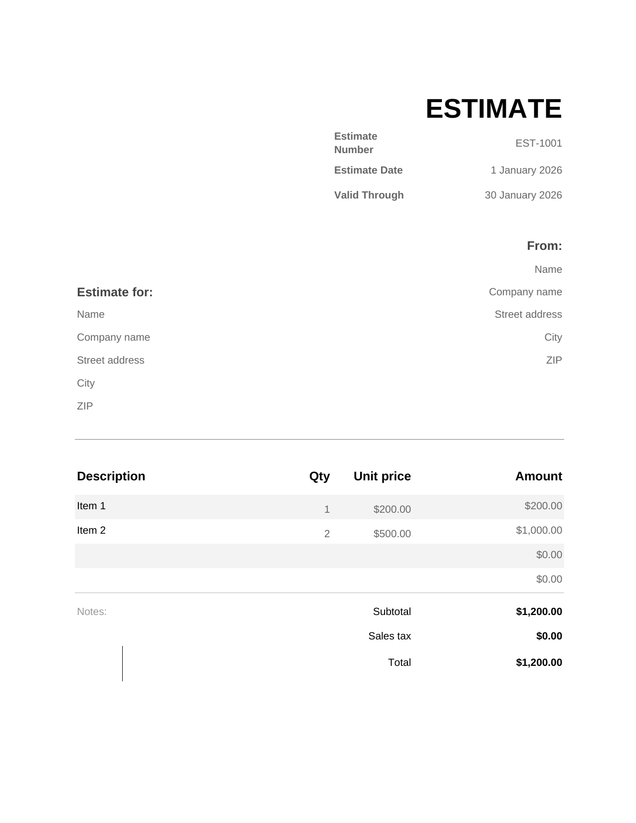Estimate template preview